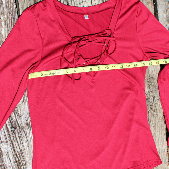 Plunging Lace Up V-Neck Long Sleeve Top, Medium - Picture 2 of 6